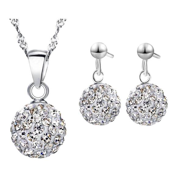 White Crystal Rhinestone Gemstone Birthstone Ball Necklace & Drop Earrings Set - Picture 2 of 5